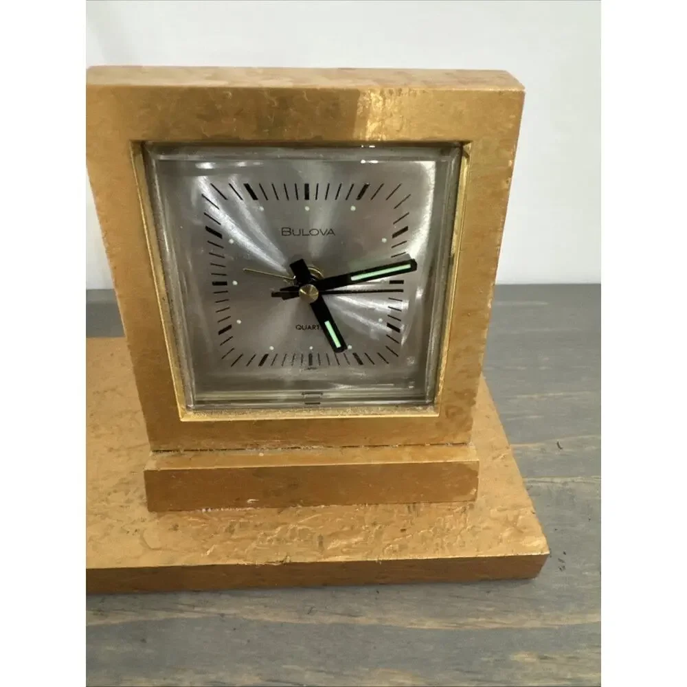 Bulova Desk Set Alarm Clock Thermometer Pen Wood Mid Century Modern VTG